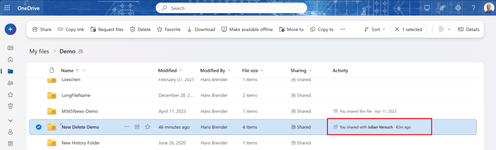 The Picture  shows the Shared Folder from Hans in OneDrive for Web