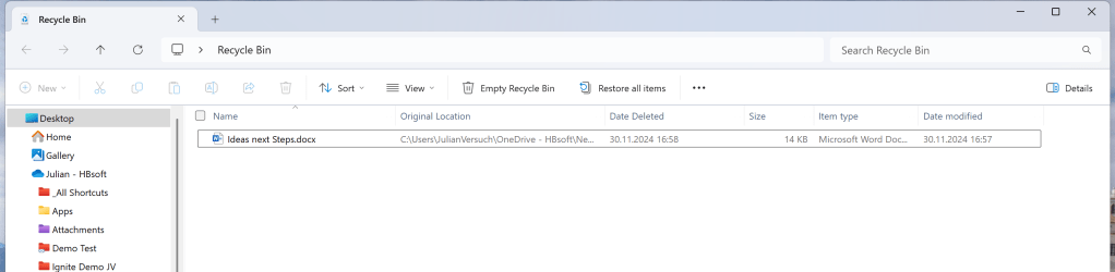 The picture shows the local recycling bin of the Windows device of Julian 