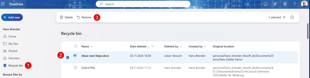 This Picture shows how Hans can restore the deleted file with all metadata including intact versions.