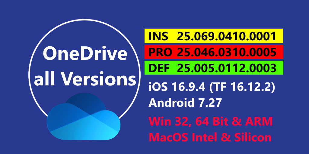 04/13/25 The latest OneDrive versions in the rings: Insider, Productive and Delayed.
You can also download a variety for testing
