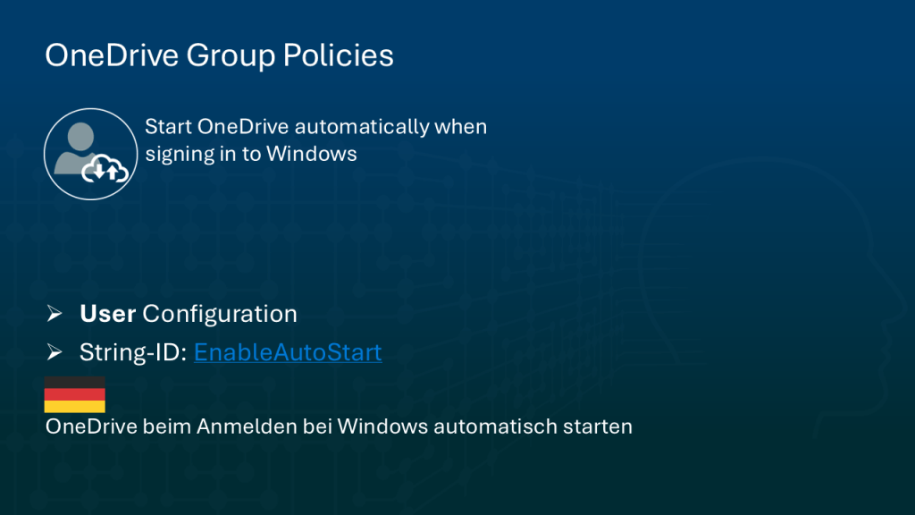 Das Bild zeigt die GPO OneDrive beim Anmelden bei Windows automatisch starten.
