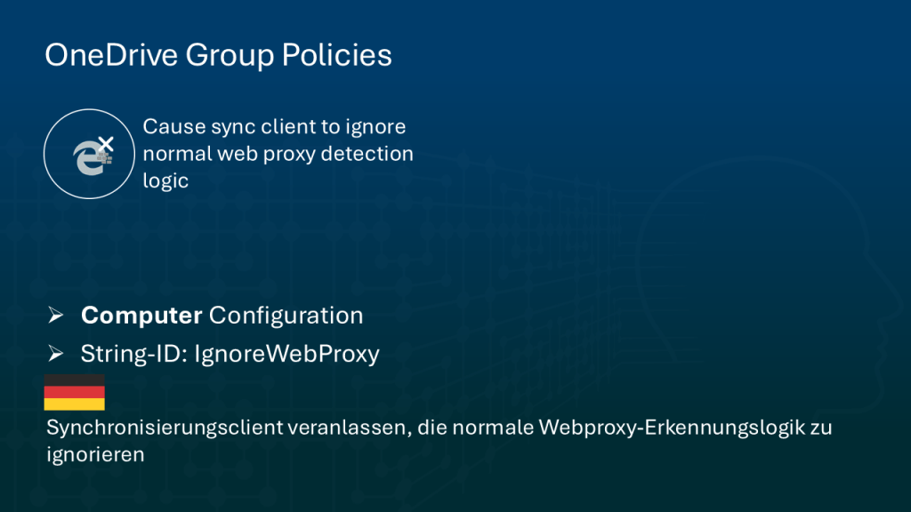 Das Bild zeigt die GPO Synchronisierungsclient veranlassen, die normale Webproxy-Erkennungslogik zu ignorieren.
