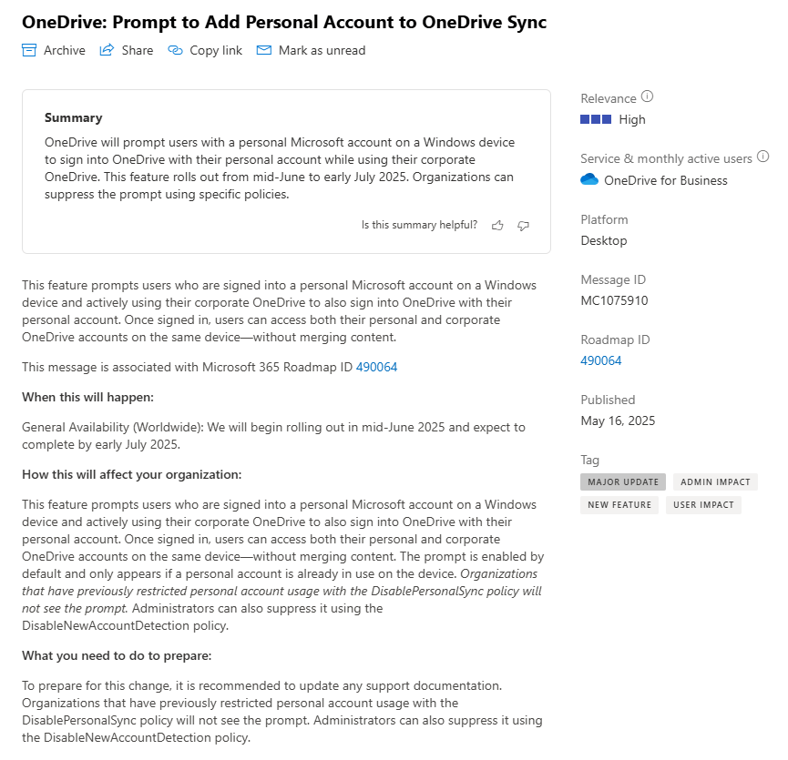 This picture shows he Message Center entry from Microsoft about "Prompt to Add Personal Account to OneDrive Sync