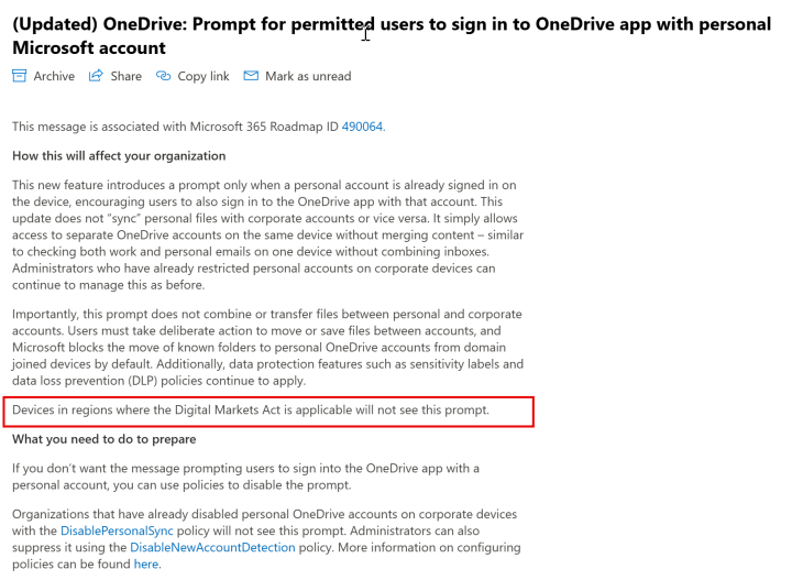 Die Abbildung zeigt den Microsoft Roadmap Eintrag 490064 mit dem Namen "Prompt for permitted users to sign in to OneDrive app with personal Account