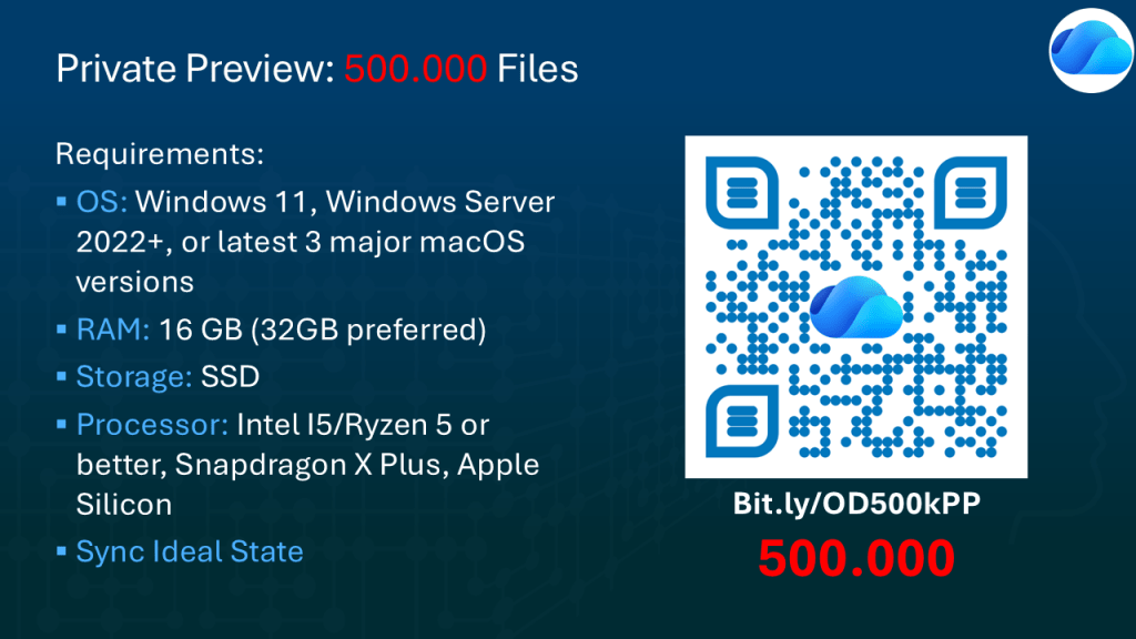 Hier stehen die Voraussetzungen für die Private Preview, um die Synchronisation von 500000 Dateien zu testen.